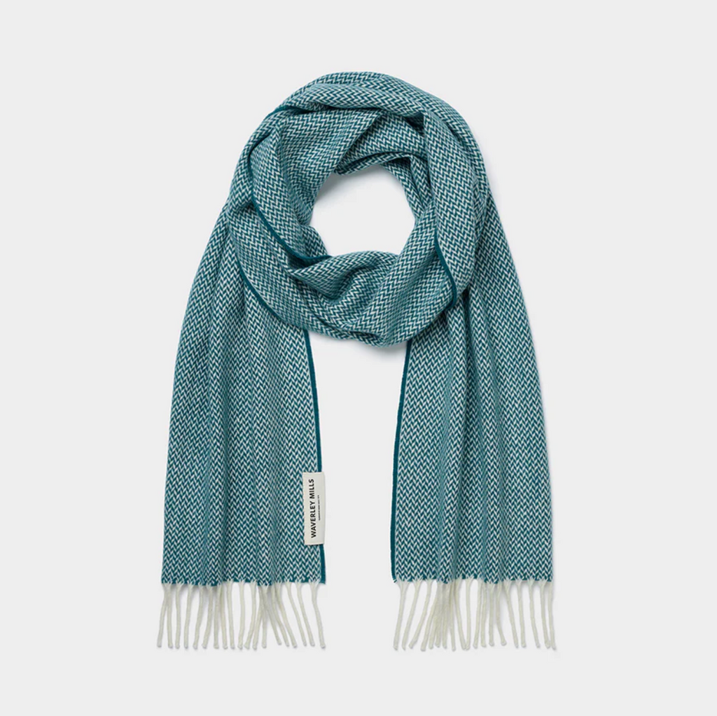 Teal patterned scarf with white fringe on a light gray background Luxury, soft natural fibre