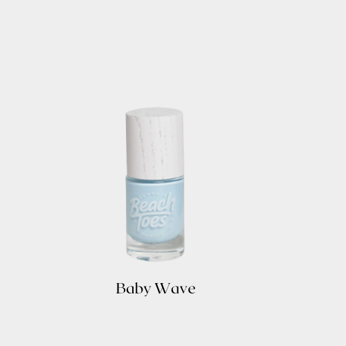 Nail polish bottle with 'Beach toes' text on a white background