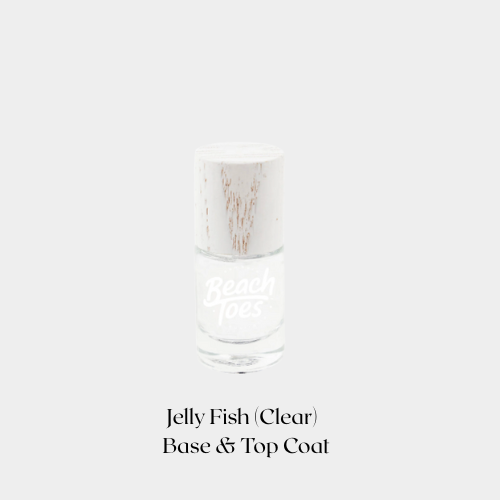 Clear nail polish bottle labeled 'Jelly Fish (Clear) Base & Top Coat' on a white background