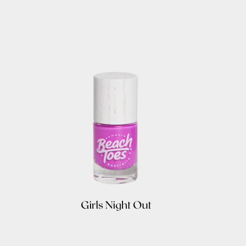 Purple nail polish bottle with 'Beach Toes' text on a white background Girls Night Out